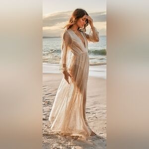 ShowPo Truthful Lies Sheer Gold Glitter Sparkle Mesh Bodysuit Maxi Dress Size 4